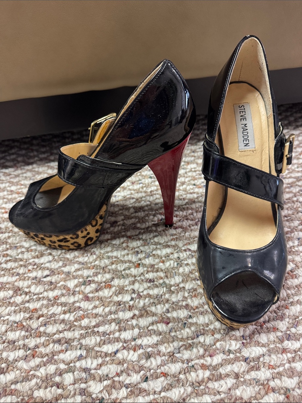 Steve Madden Black Patent Mary Jane Heels with Leopard Platform and Red Stiletto